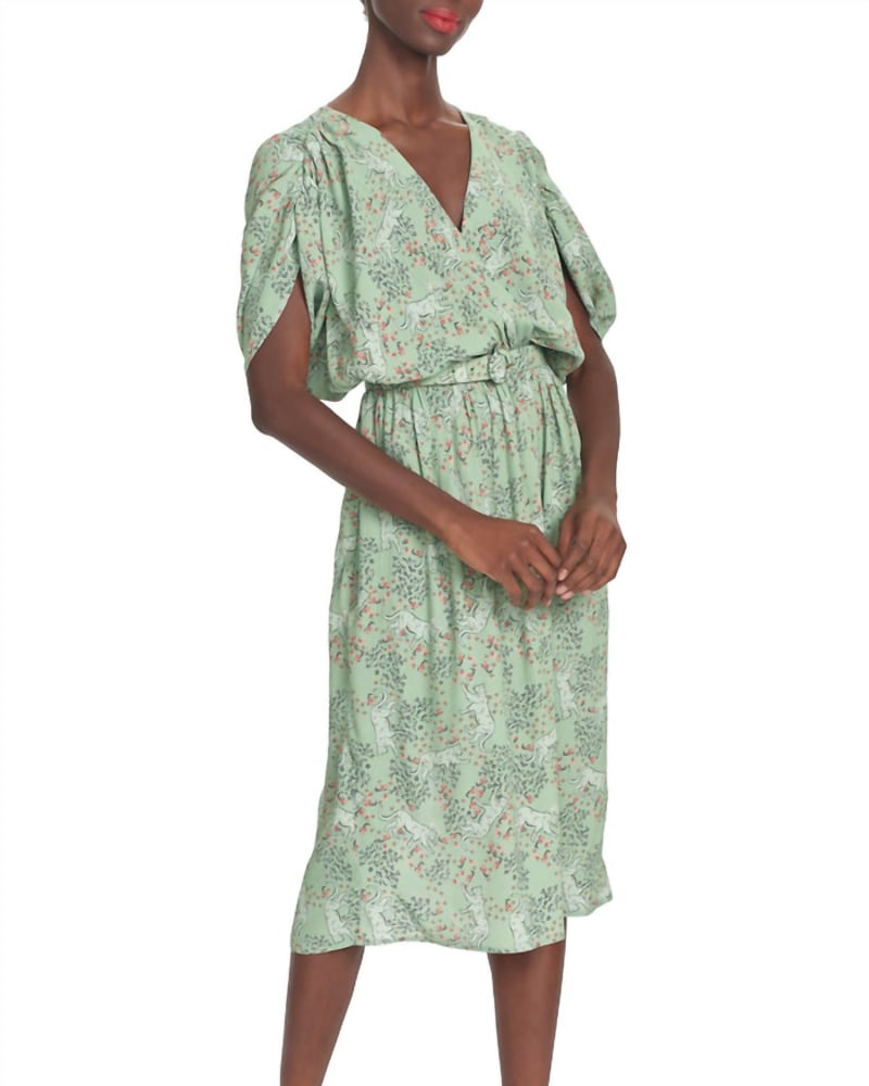 Front of a model wearing a size L Lea Dress in Mist in Mist by COREY LYNN CALTER. | dia_product_style_image_id:342853